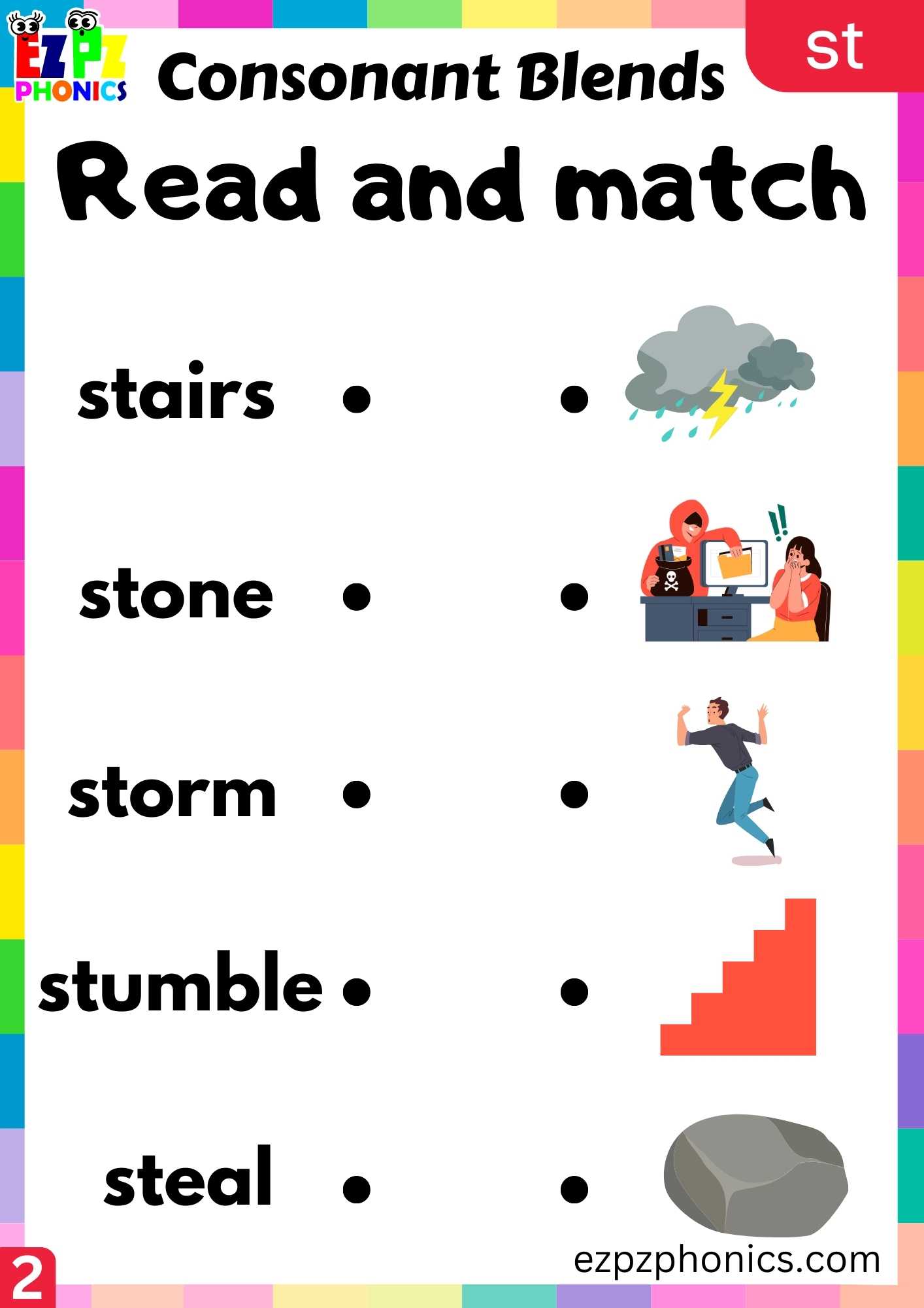 Group2 ST Words Read And Match Phonics Consonant Blends Worksheet